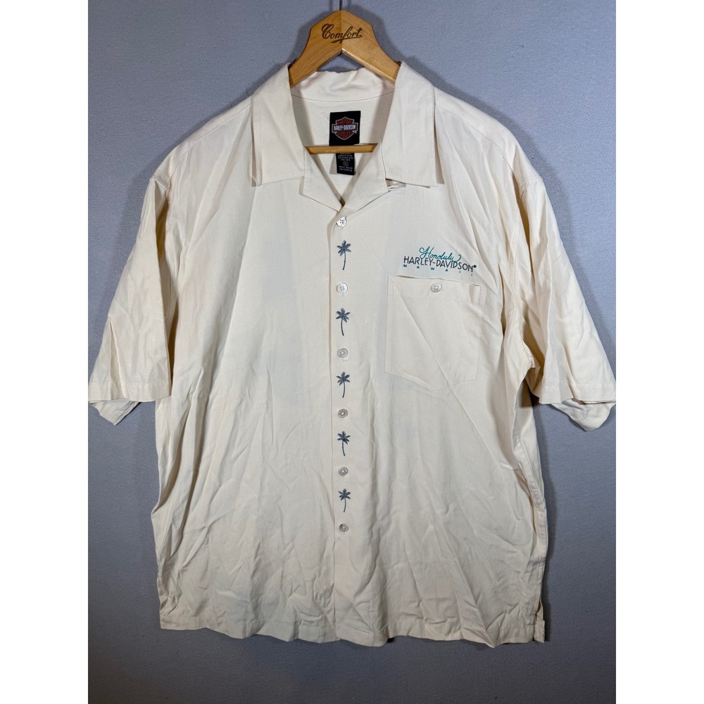 Harley-Davidson Honolulu Hawaii Silk Blend Button Up Shirt Cream XL Embroidery